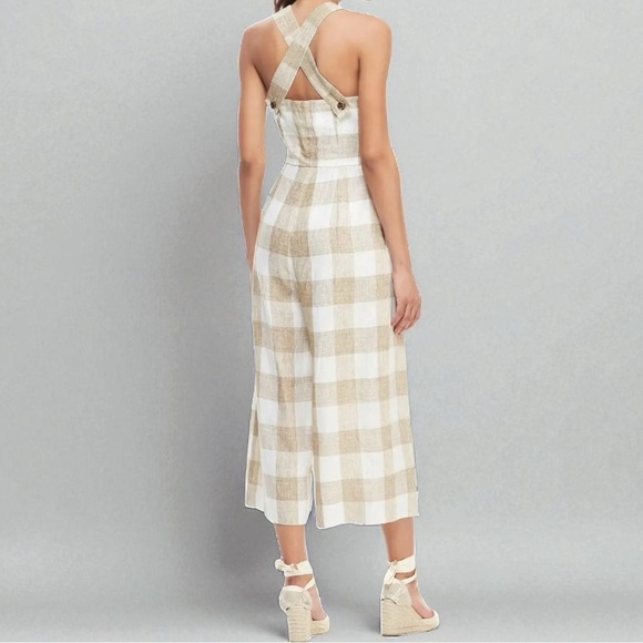 Gal Meets Glam Bailey Gingham Wide-Leg Jumpsuit Tan Ivory Size 6 - Picture 3 of 14